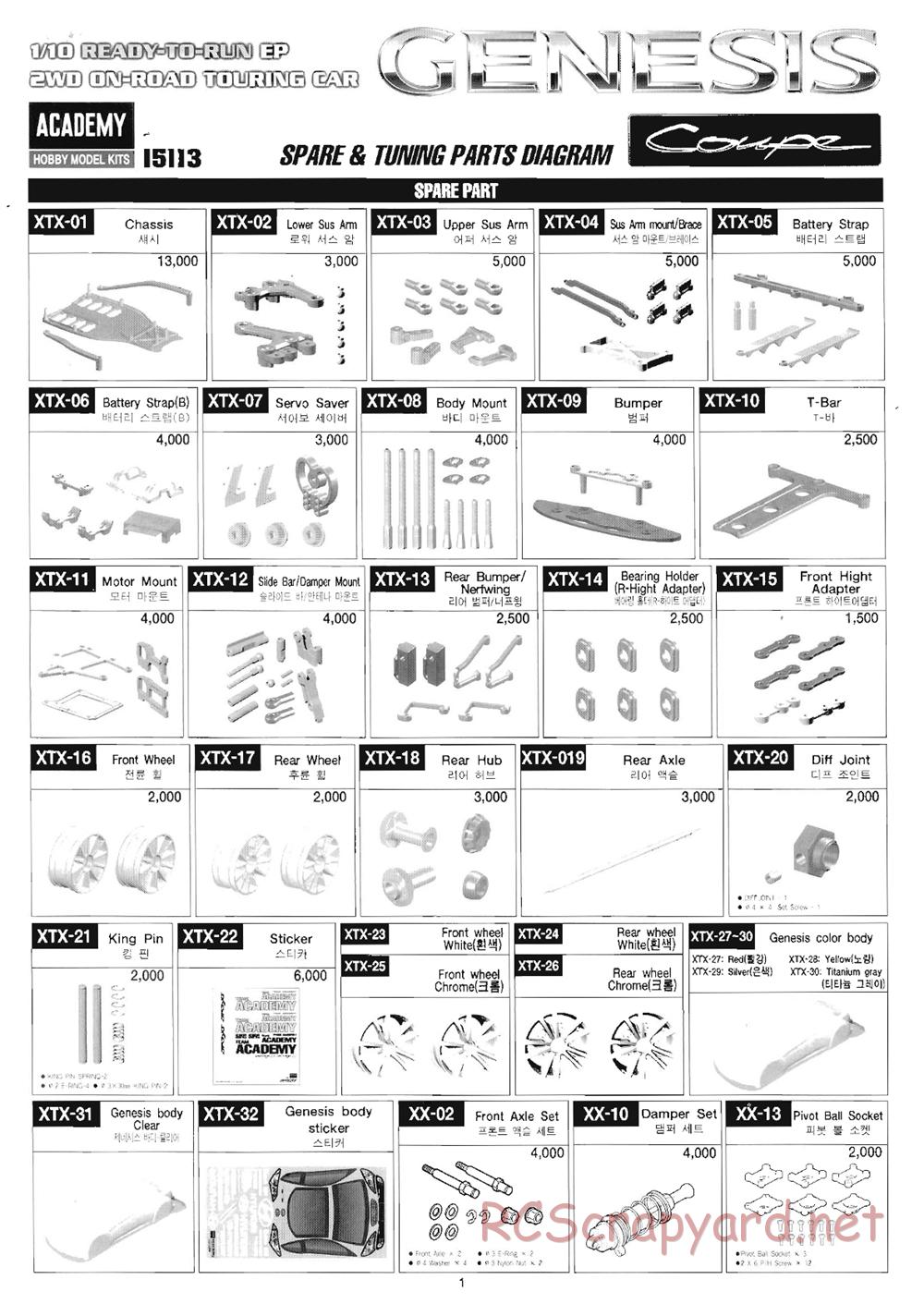 Academy - Genesis Coupe - Parts List - Page 1