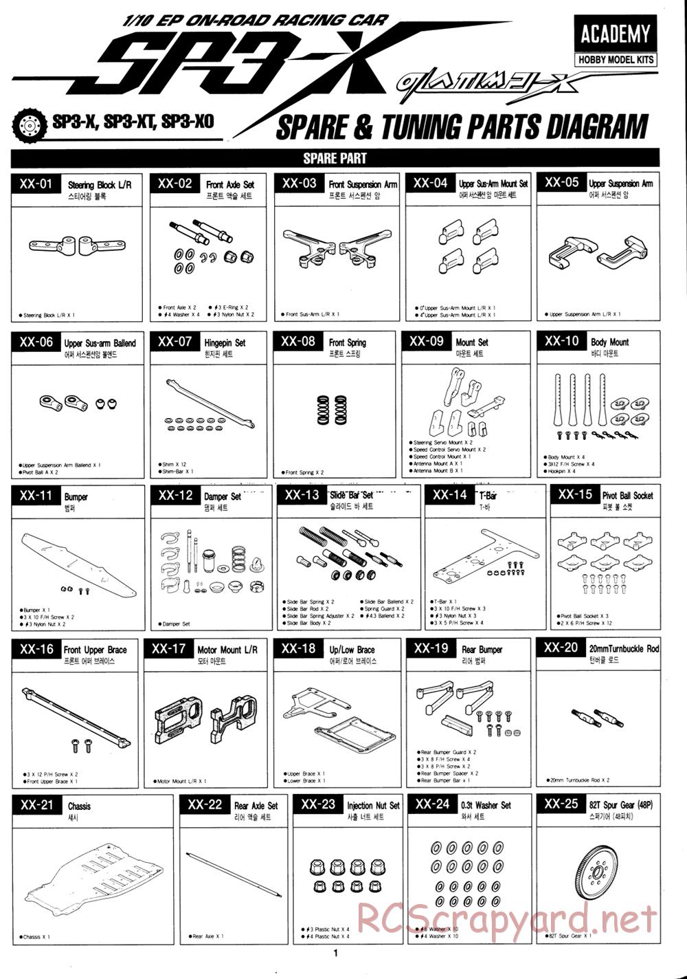 Academy - SP3-X - Parts List - Page 1