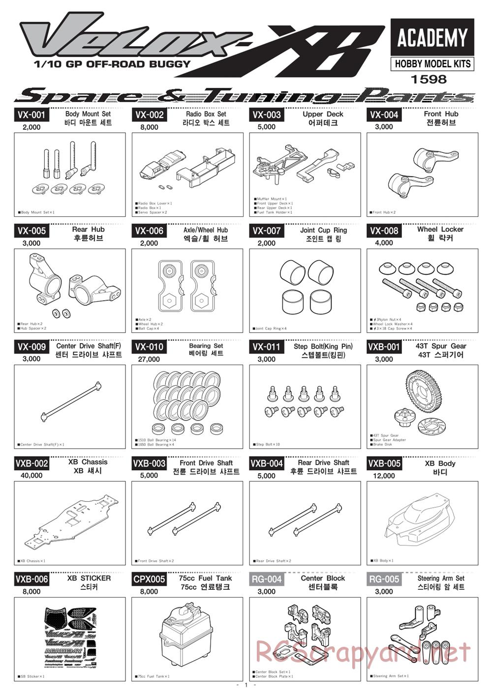 Academy - Velox-XB - Parts List - Page 1