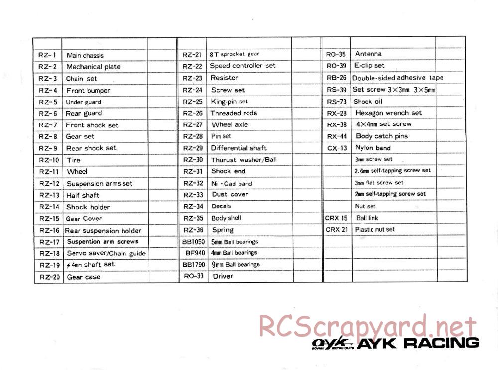 AYK Racing - Radiant - Exploded View and Parts List - Page 4