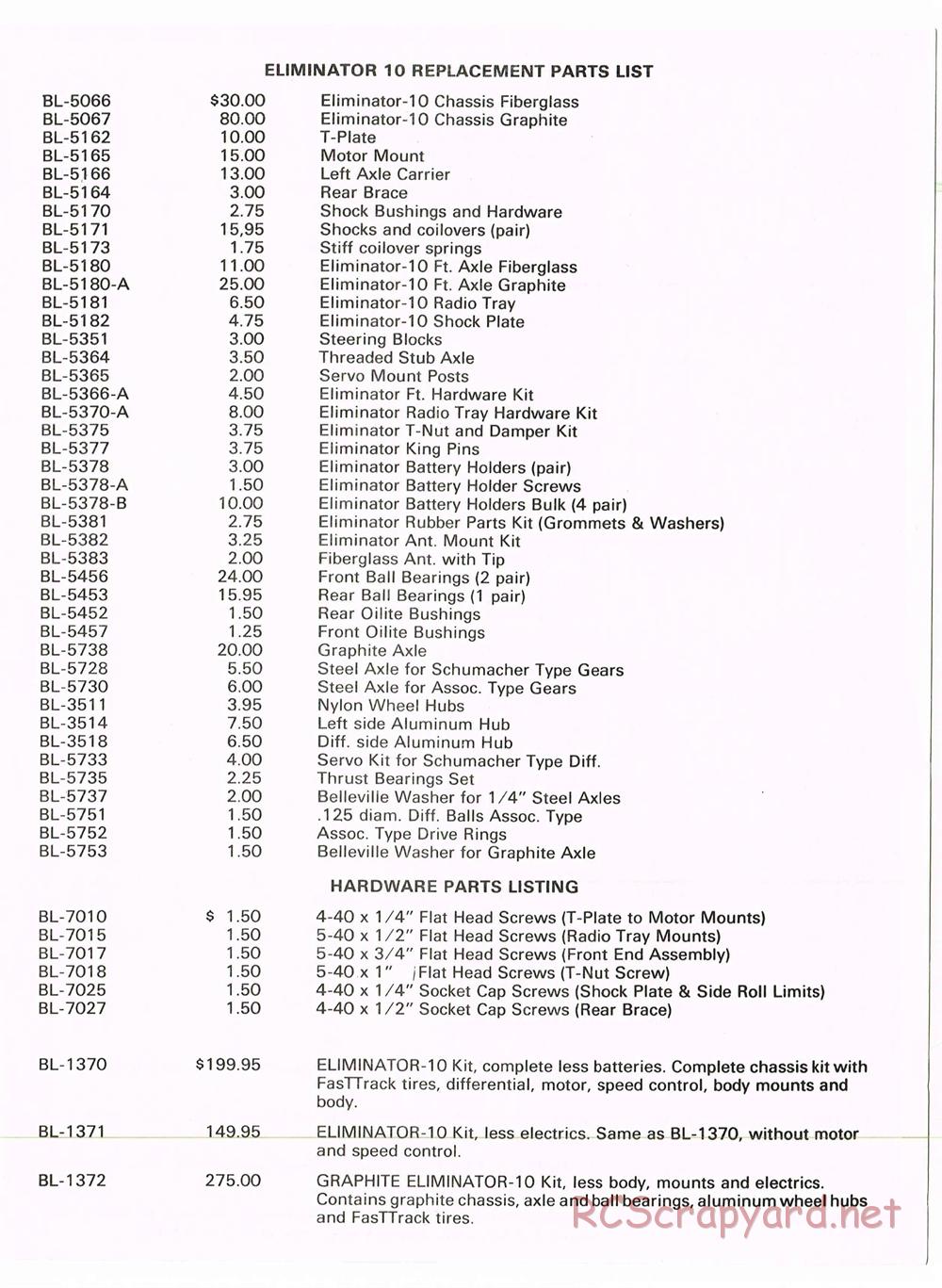 Bolink - Eliminator 10 - Parts List