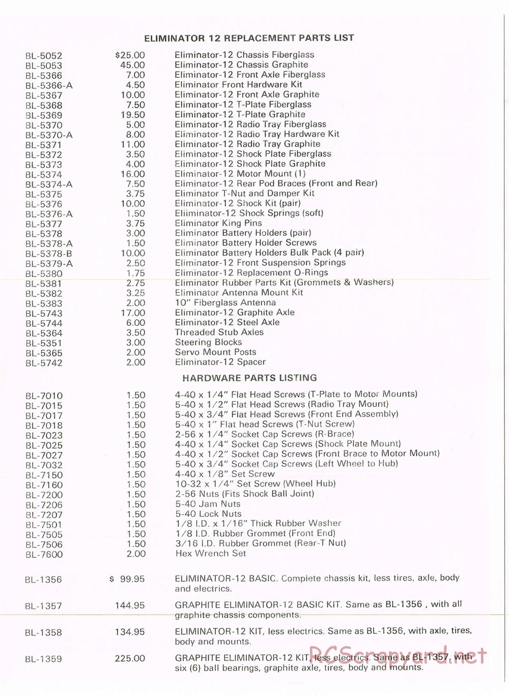 Bolink Eliminator 12 - Parts List