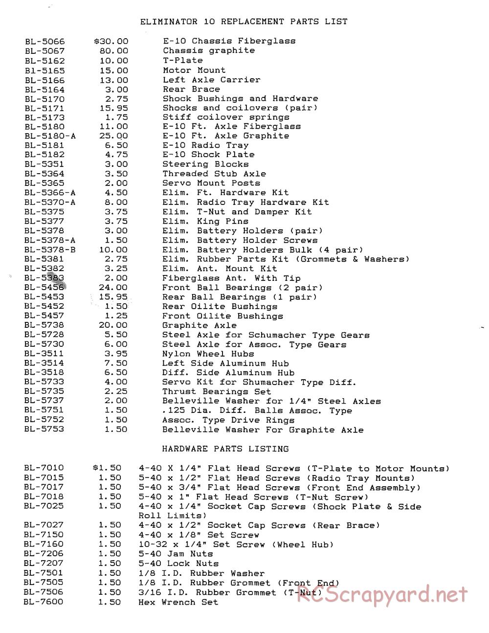 Bolink - Eliminator 10 - Parts List