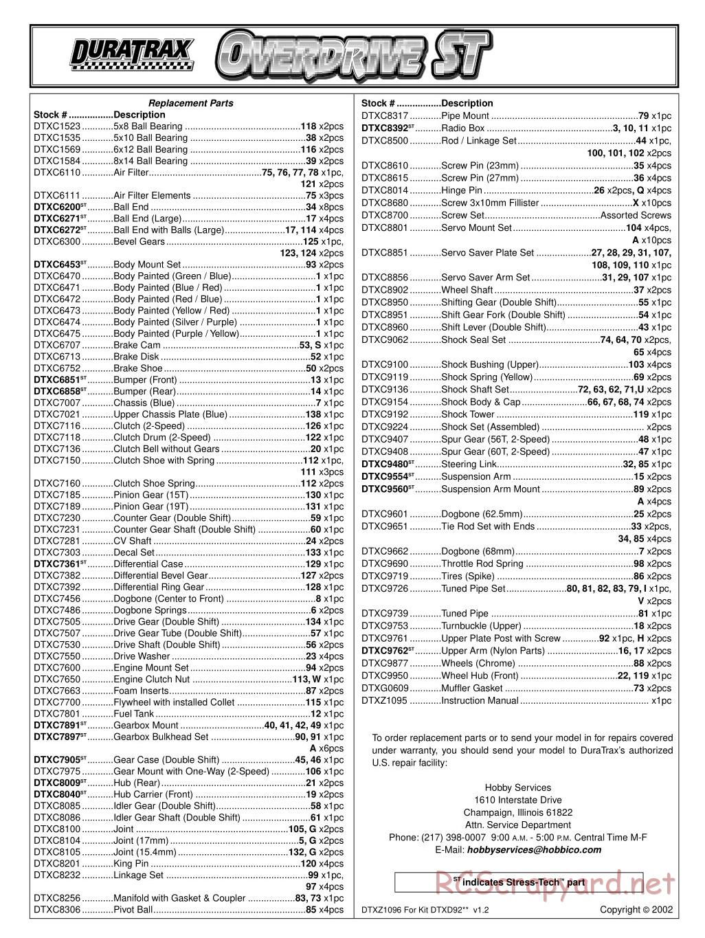 Duratrax - Overdrive ST - Exploded Views - Page 1