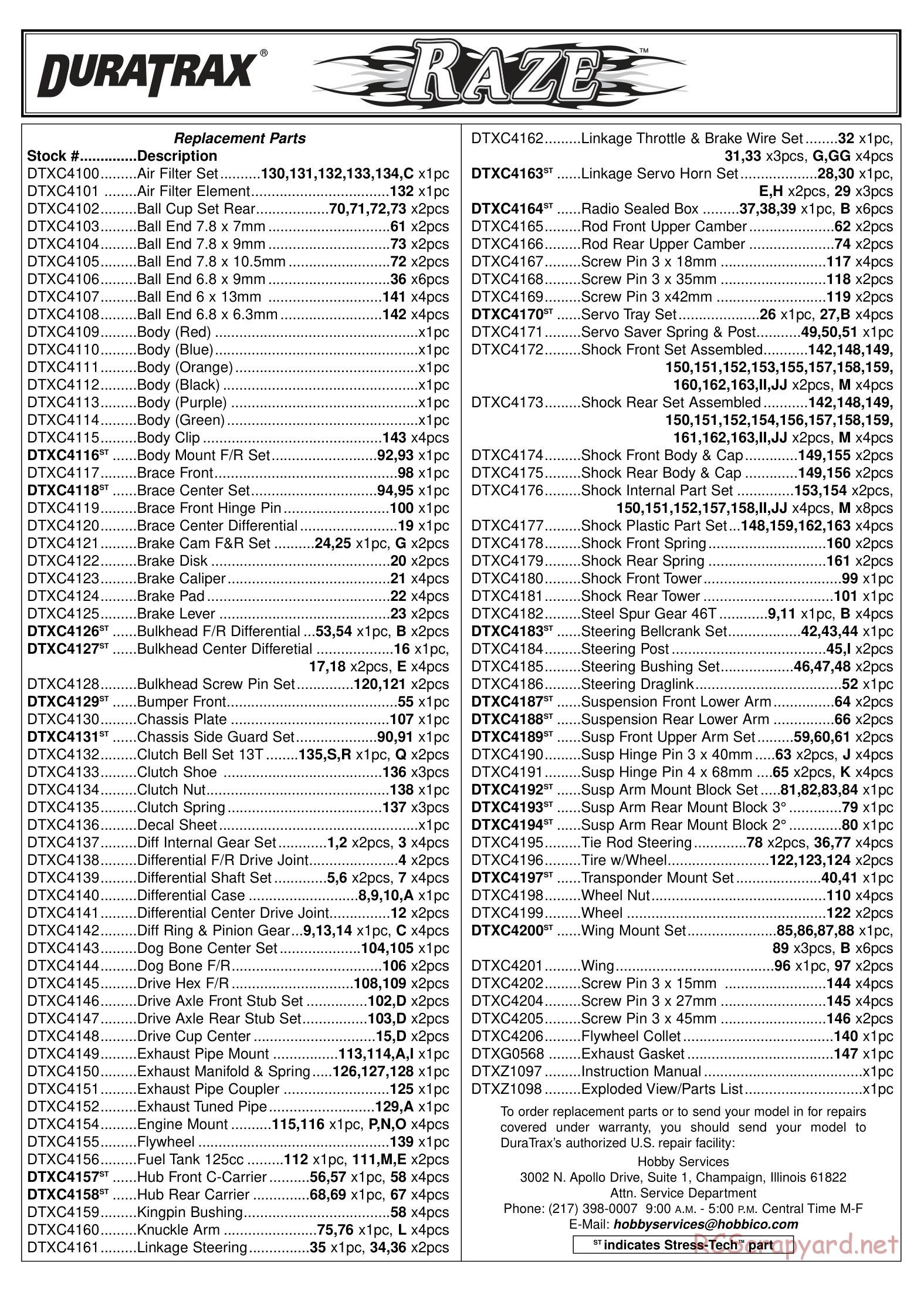 Duratrax - Raze - Exploded Views - Page 1