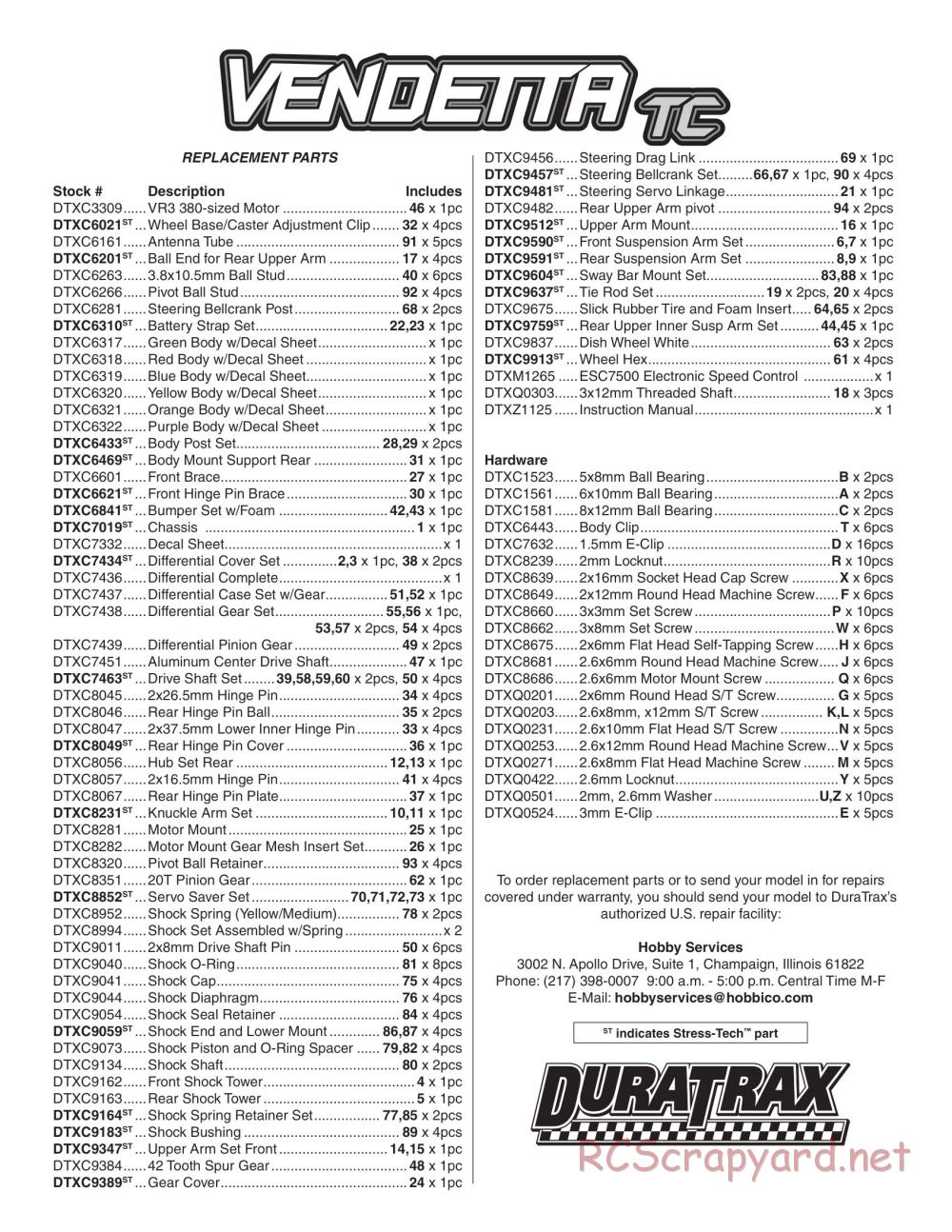 Duratrax - Vendetta TC - Exploded Views - Page 1