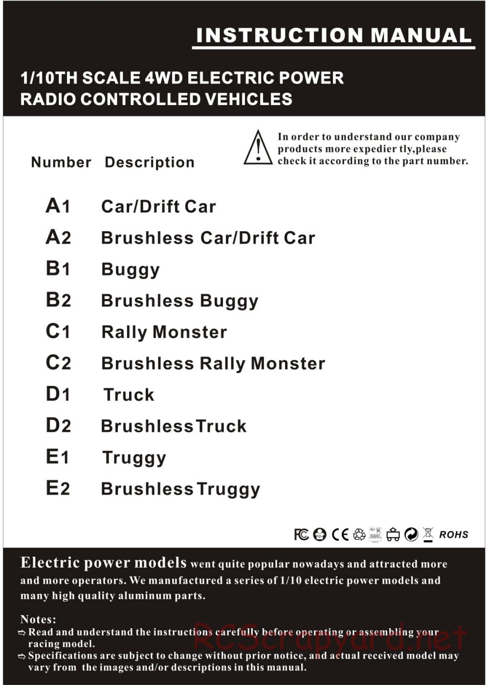 Himoto Racing - Corr Truck SCT-10 - HI4370 / HI4370BL - Manual - Page 1