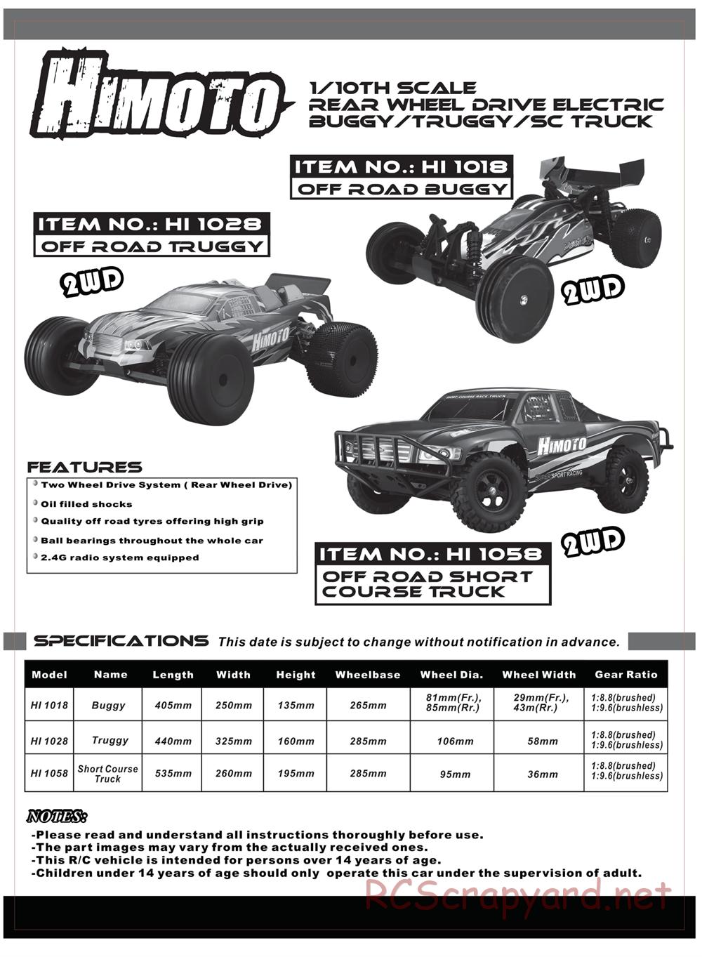 Himoto Racing - Bashe - HI1018 / HI1018BL - Manual - Page 1