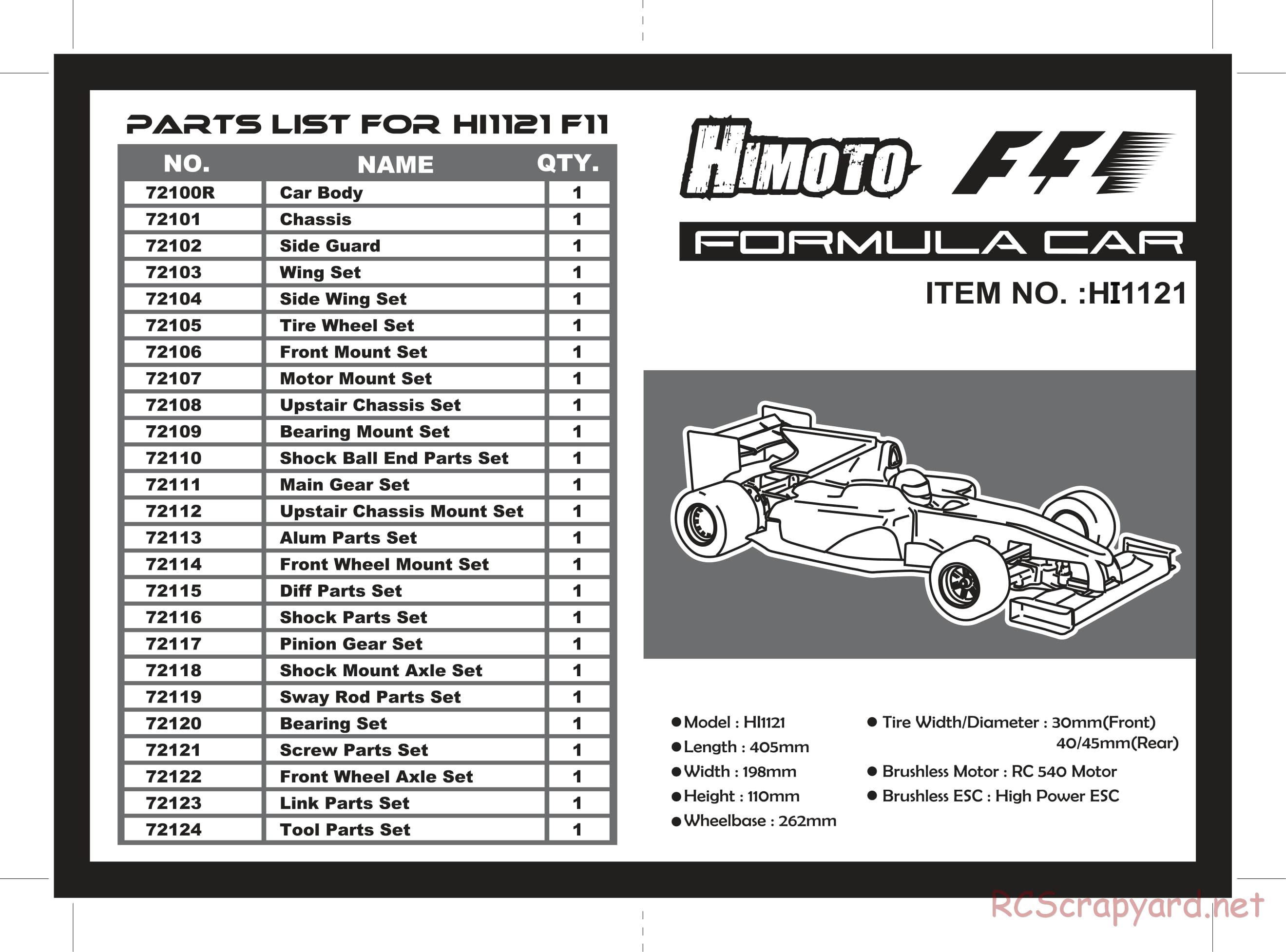 Himoto Racing - Formula Car (F1) - HI1121 - Manual - Page 1