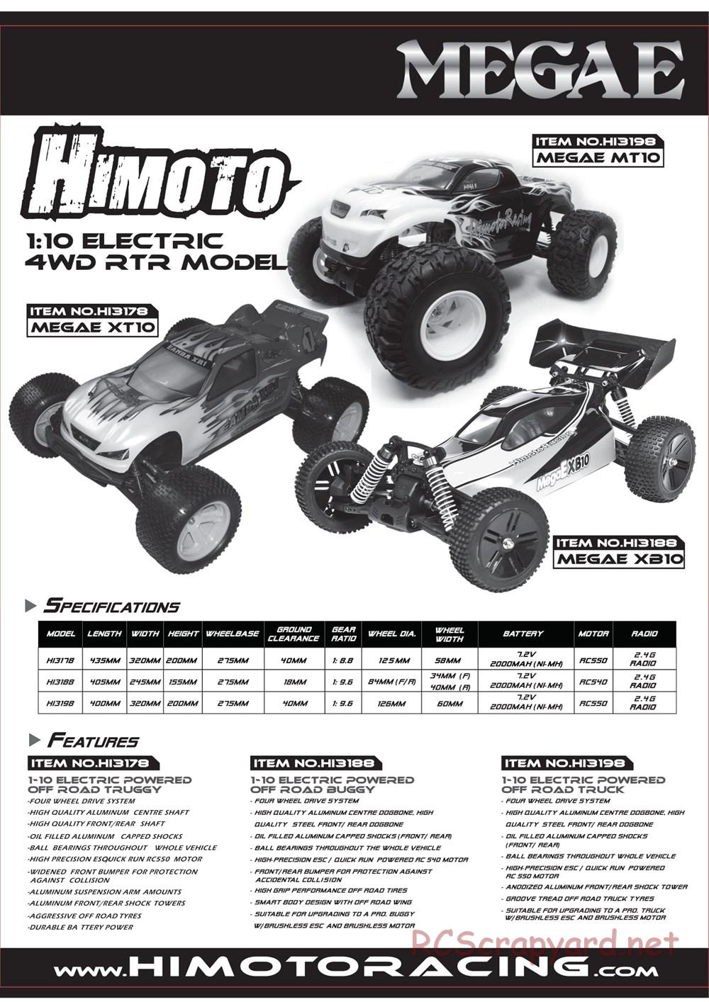 Himoto Racing - Megae MT10 - HI3198 / HI3198BL - Manual - Page 1