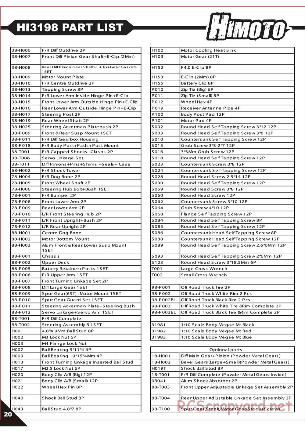 Himoto Racing - Megae MT10 - HI3198 / HI3198BL - Manual - Page 22