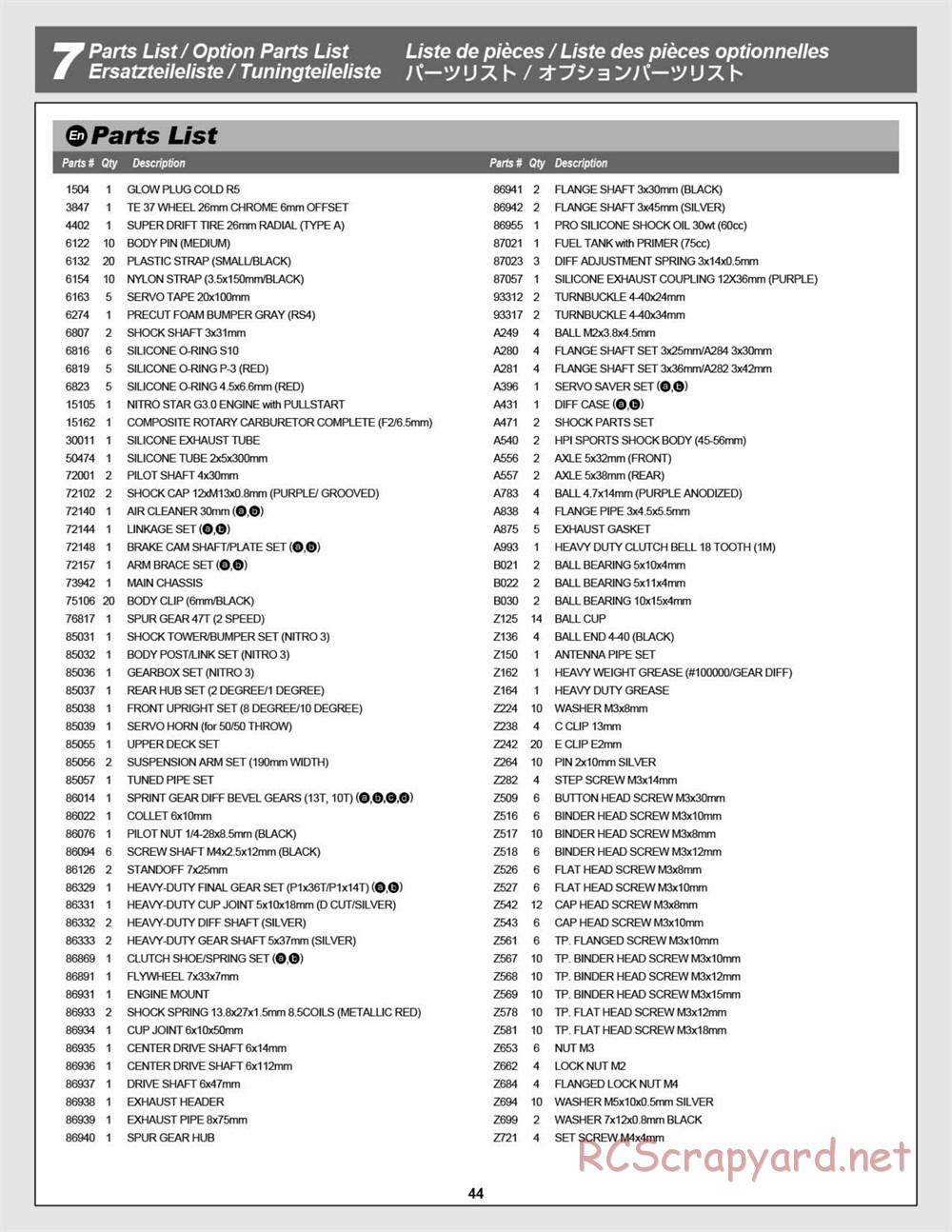 HPI - Nitro RS4 3 Drift - Manual - Page 44