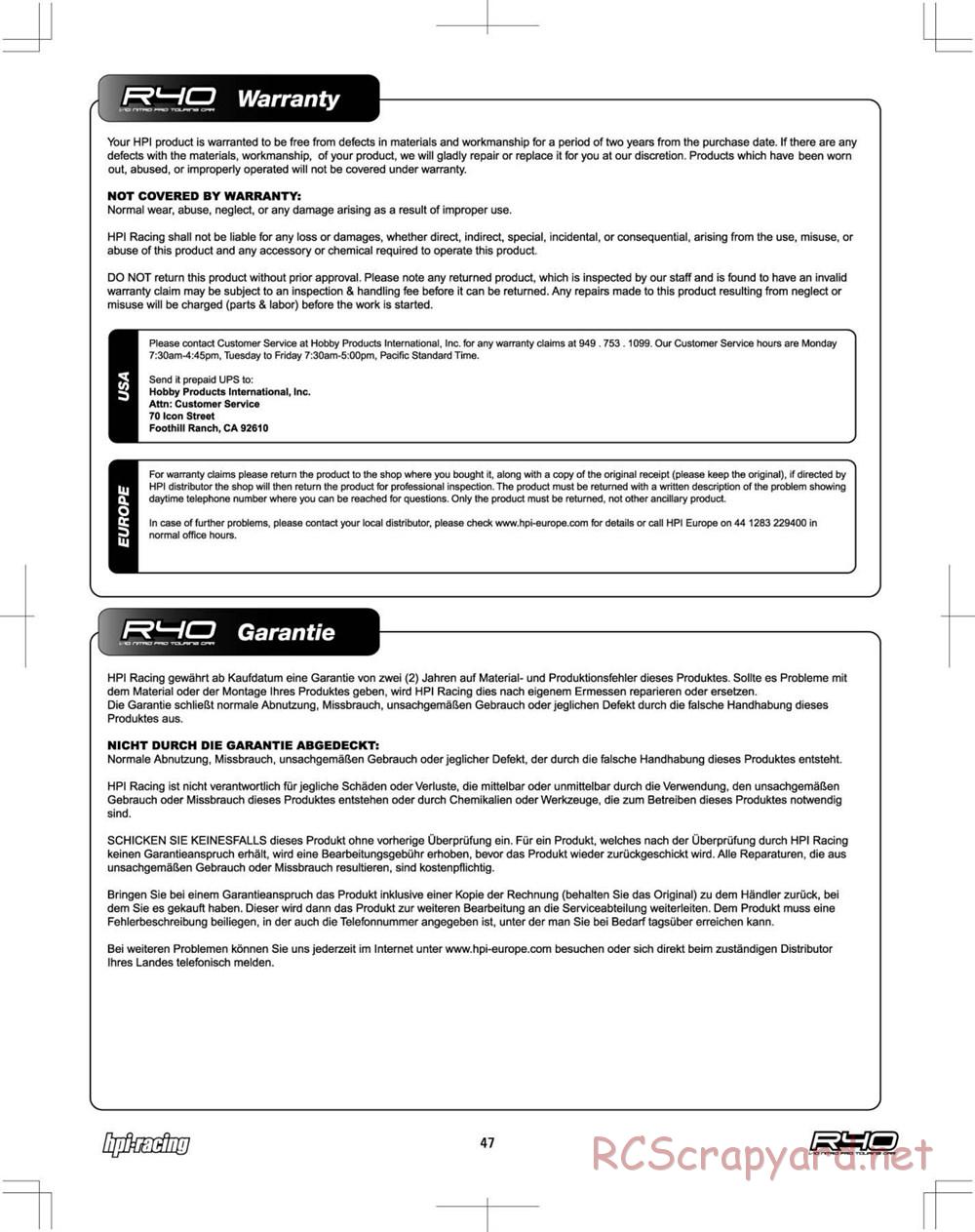 HPI - R40 Nitro Touring Car - Manual - Page 47