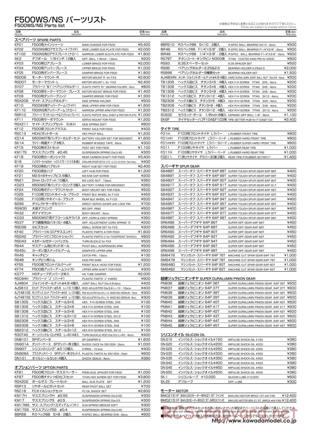 Kawada - F500WS / NS - Parts List