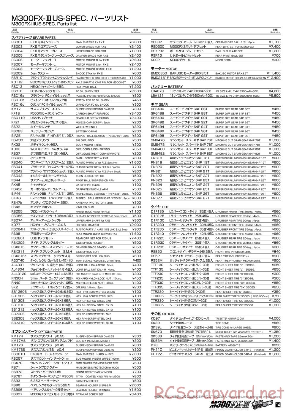 Kawada - M300FX3 US Spec (M300FX III US Spec) - Parts List