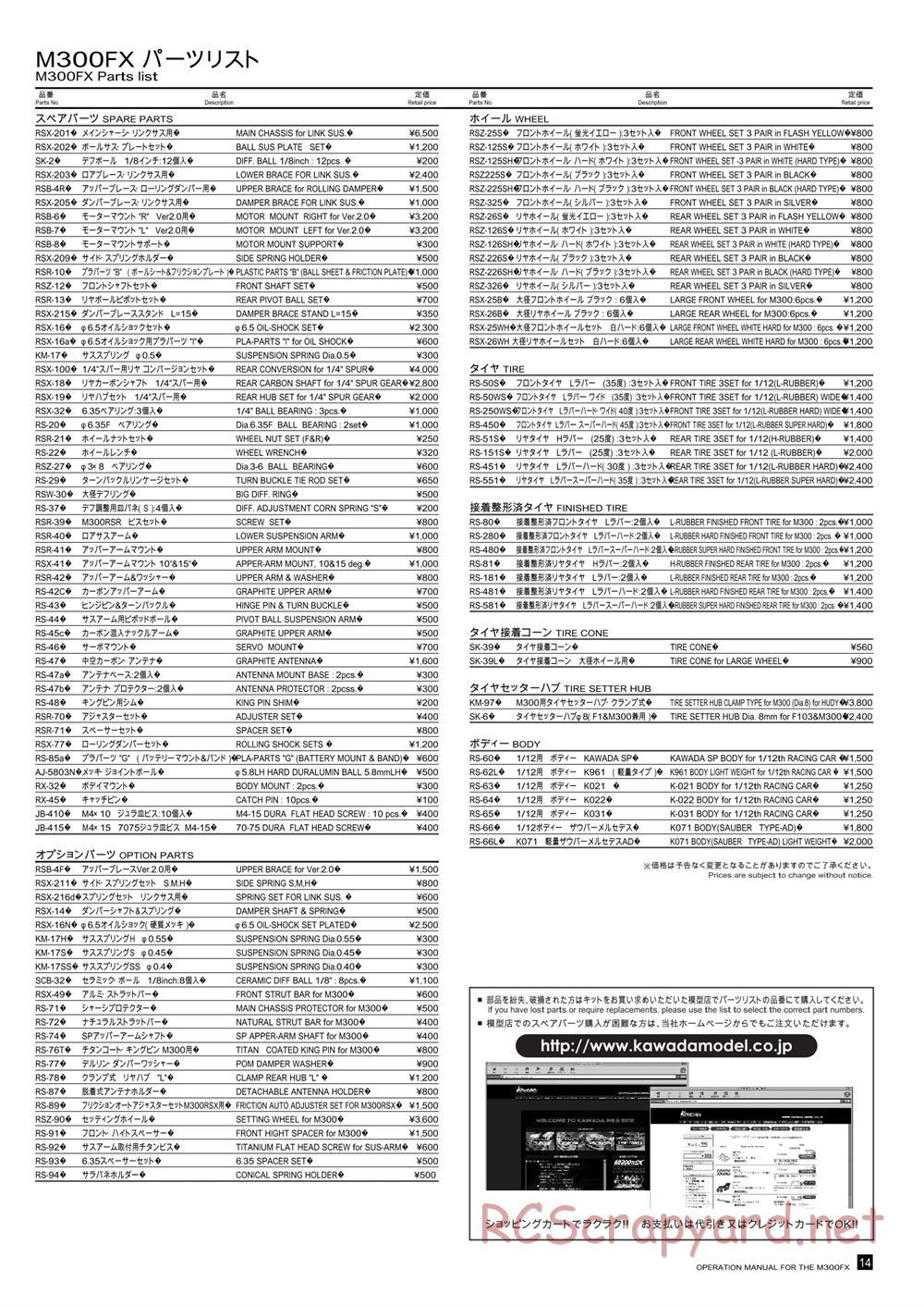 Kawada - M300FX - Parts List