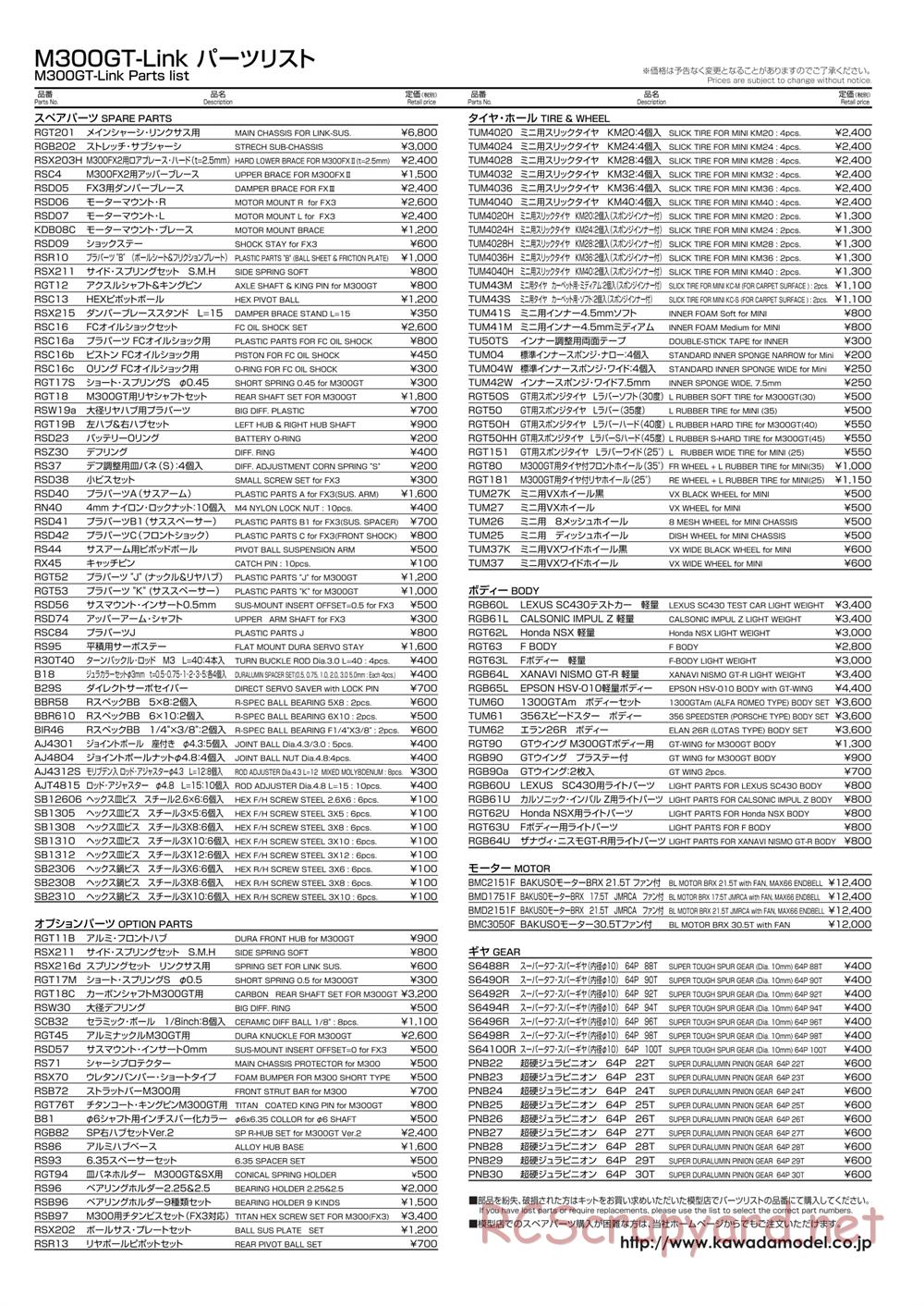 Kawada - M300GT Link - Parts List