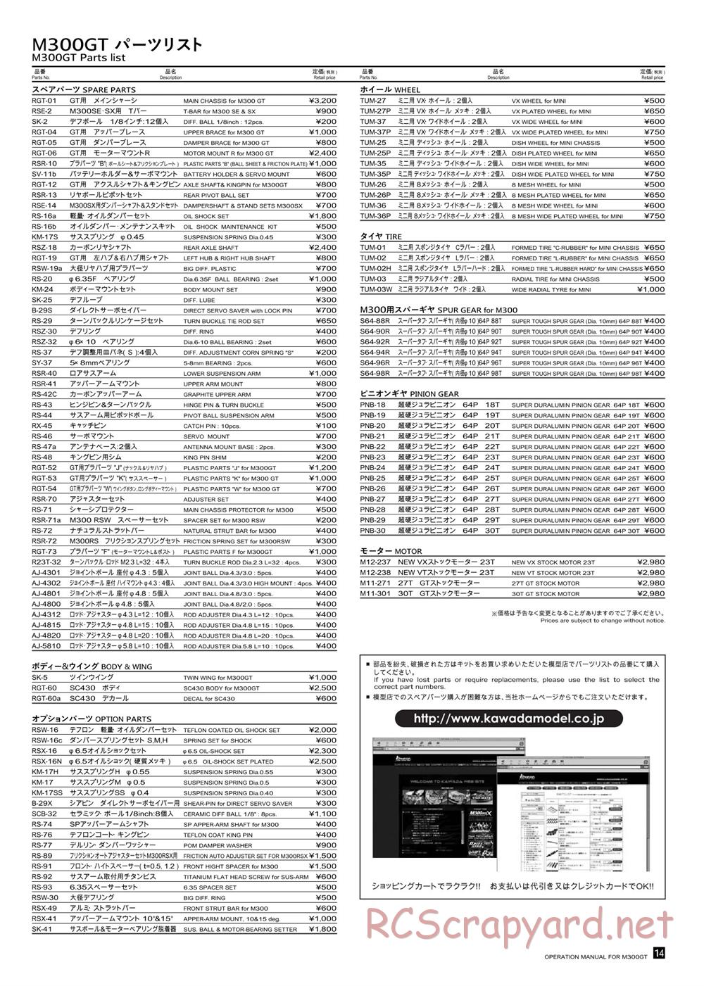 Kawada - M300GT - Parts List