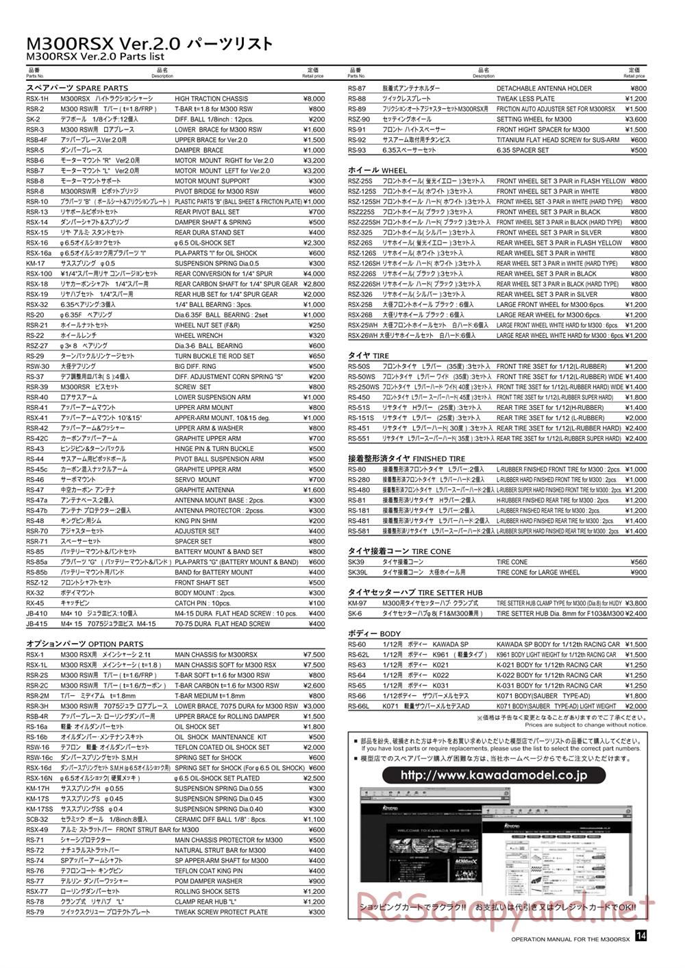 Kawada - M300RSX Ver.2 - Parts List