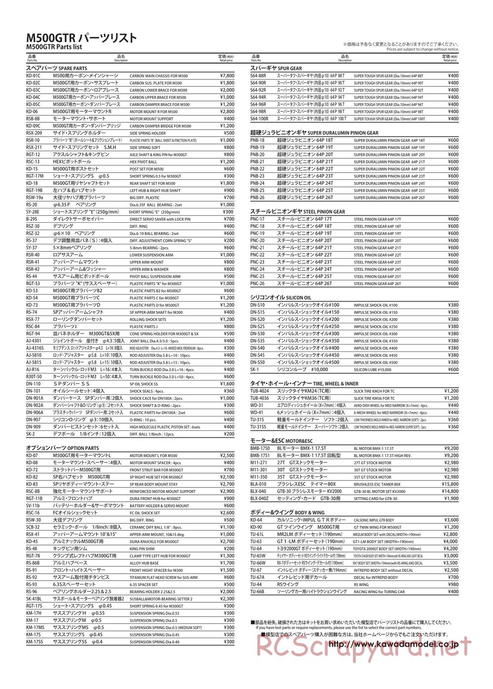 Kawada - M500GTR - Parts List