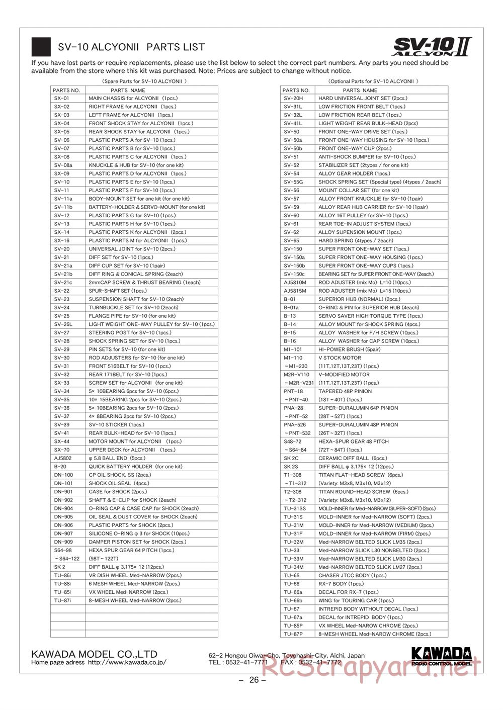 Kawada - SV-10 Alcyon II - Parts List