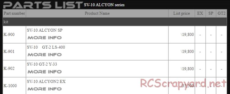 Kawada - SV-10 Alcyon / SP / GT-2 / EX - Parts List - Page 1