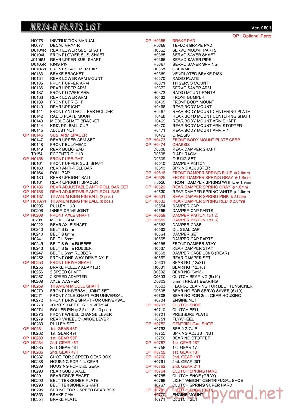 Mugen - MRX-4R - Parts List - Page 1