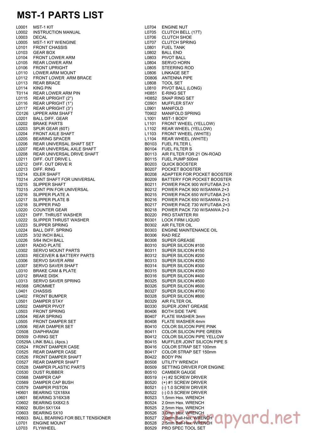 Mugen - MST-1 - Parts List - Page 1