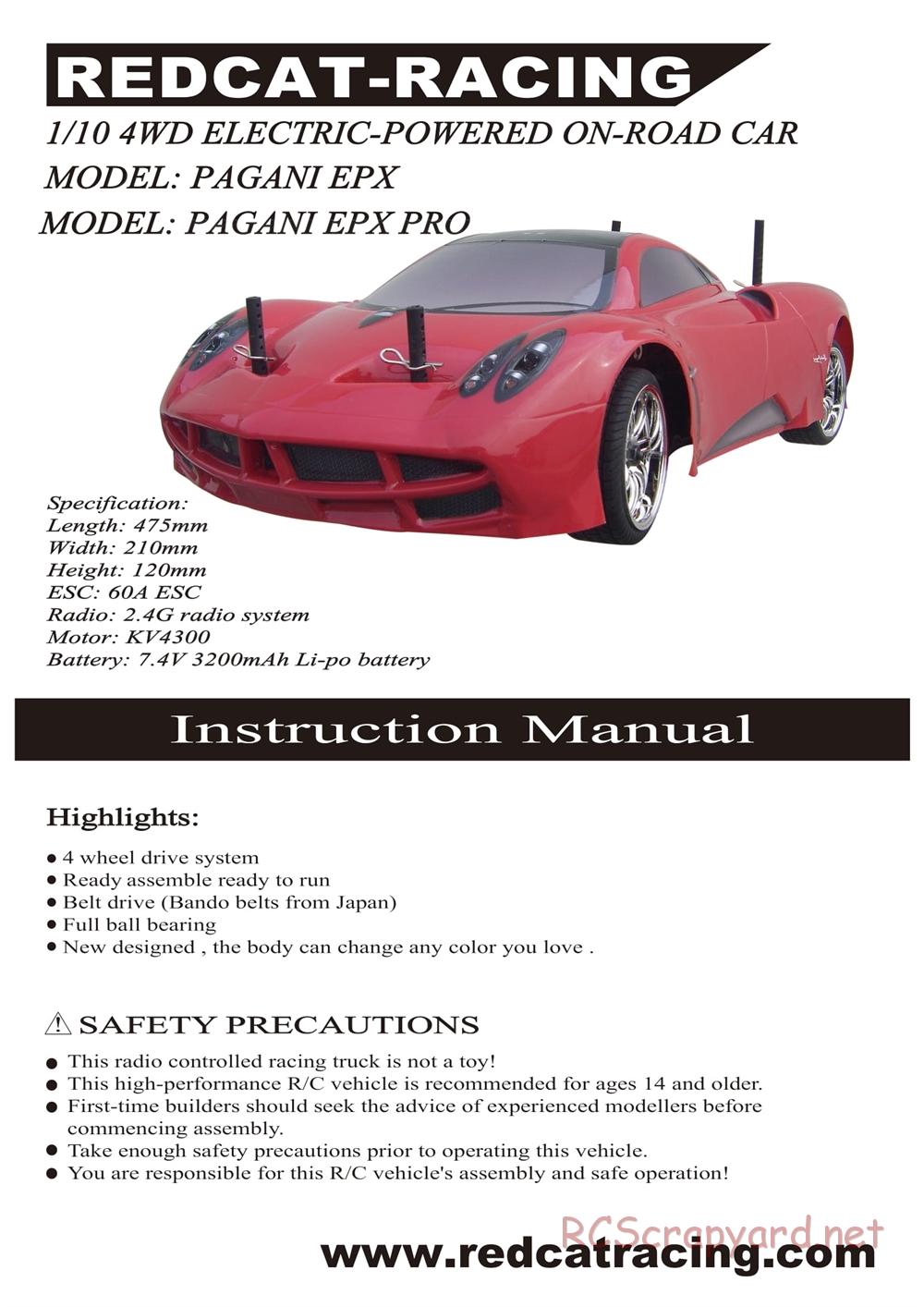 Redcat Racing - Pagani EPX / EPX Pro - Manual - Page 1