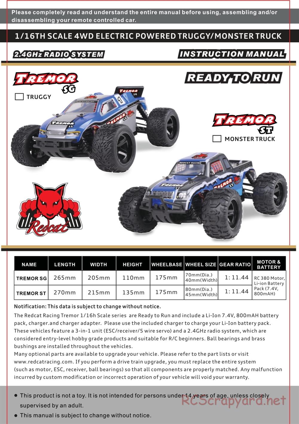 Redcat Racing - Tremor SG Truggy - Manual - Page 1