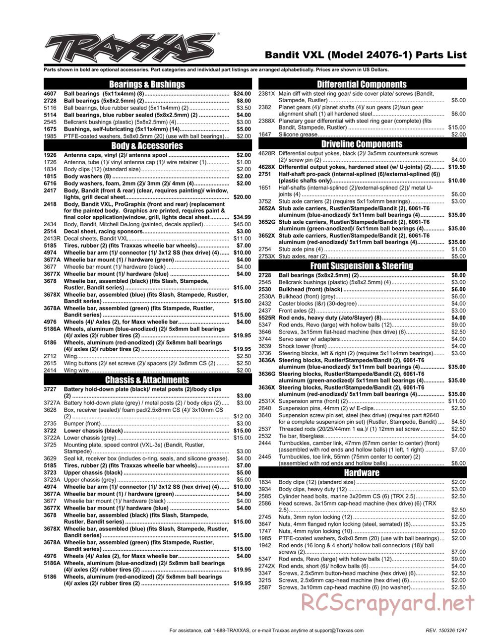 Traxxas - Bandit VXL (2014) - Parts List - Page 1