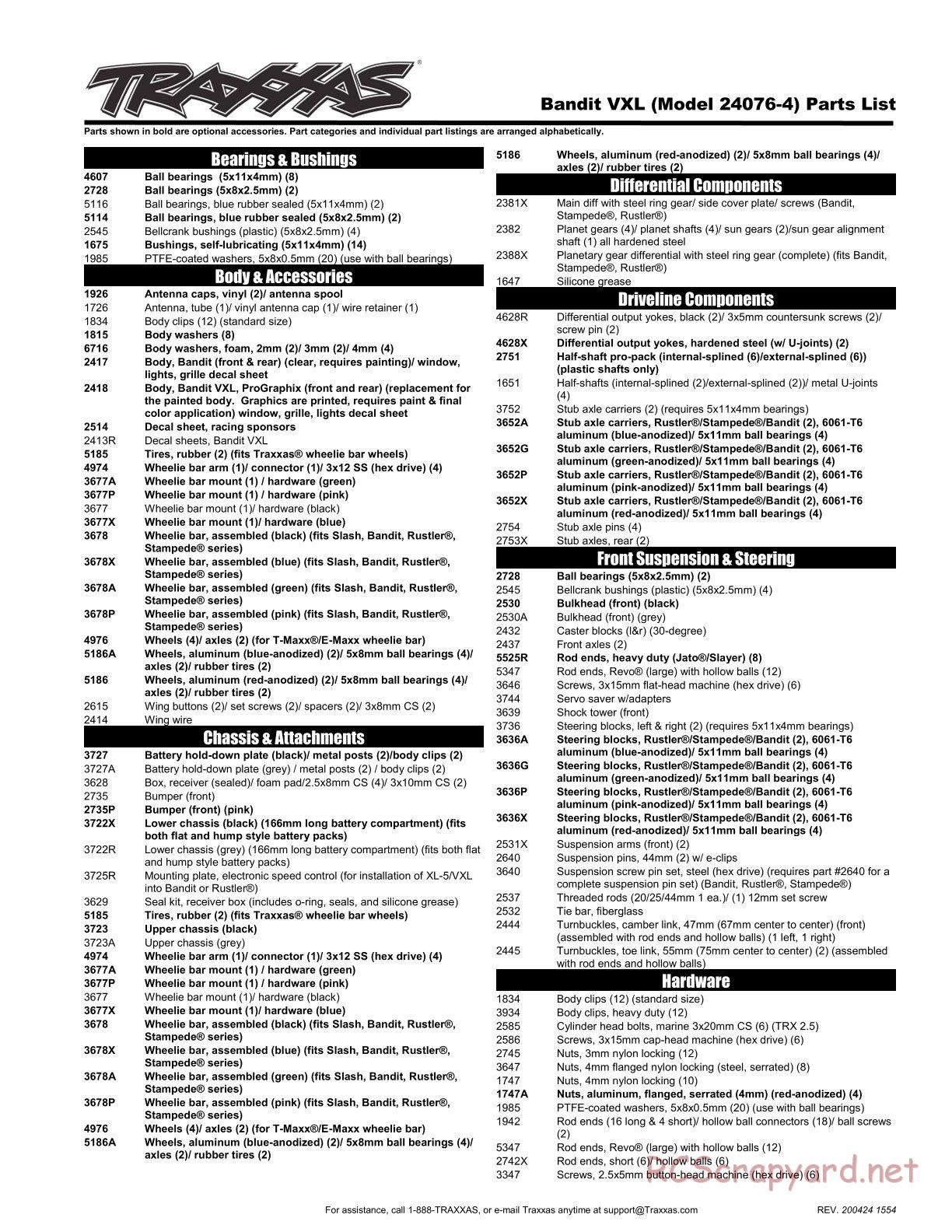 Traxxas - Bandit VXL TSM (2018) - Parts List - Page 1