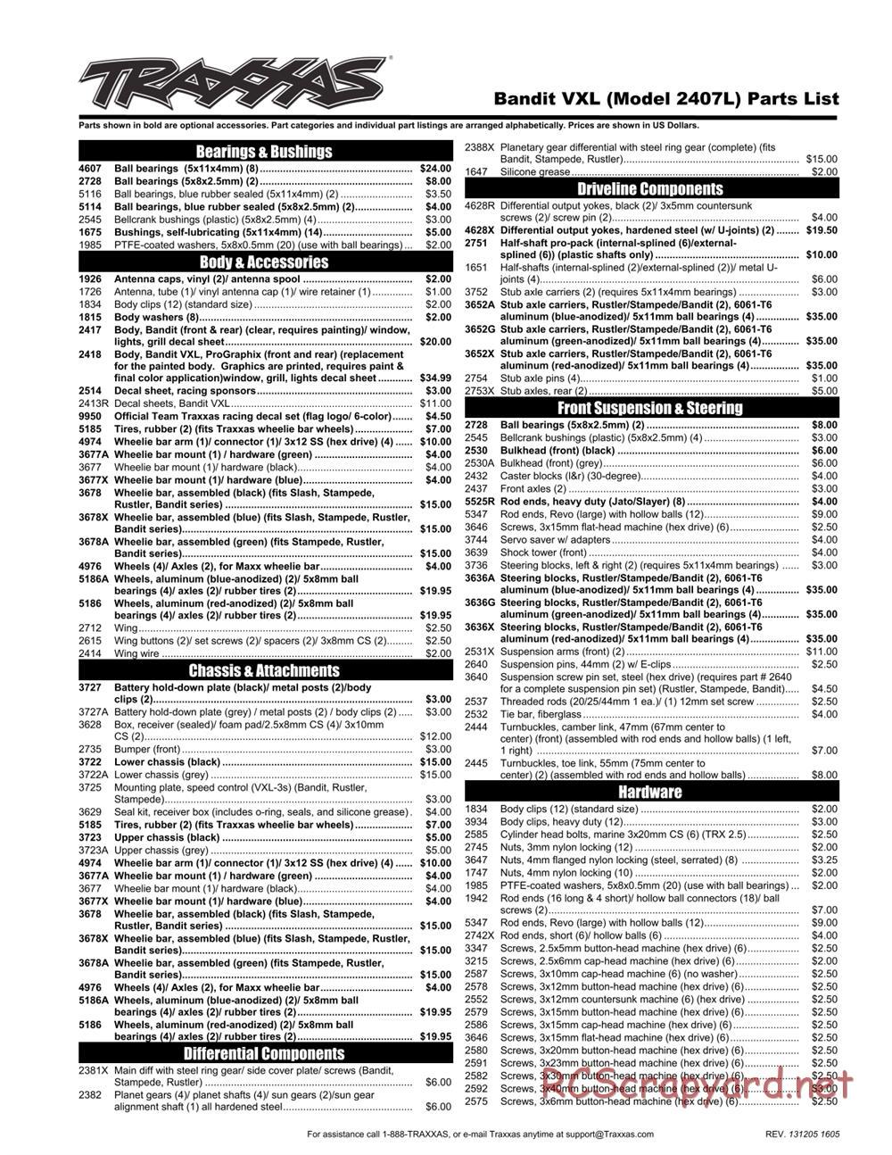 Traxxas - Bandit VXL LiPo (2012) - Parts List - Page 1