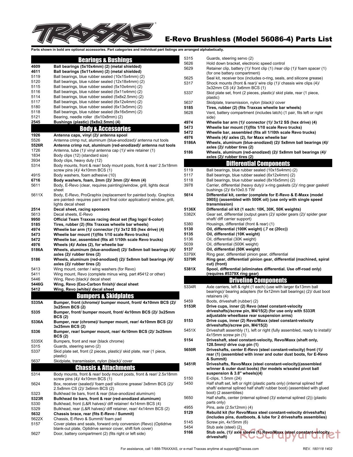 Traxxas - E-Revo Brushless TSM (2016) - Parts List - Page 1