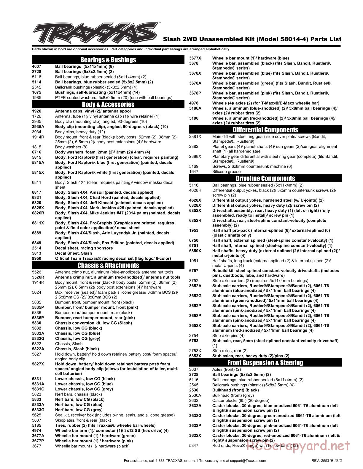 Traxxas - Slash 2WD - Parts List - Page 1