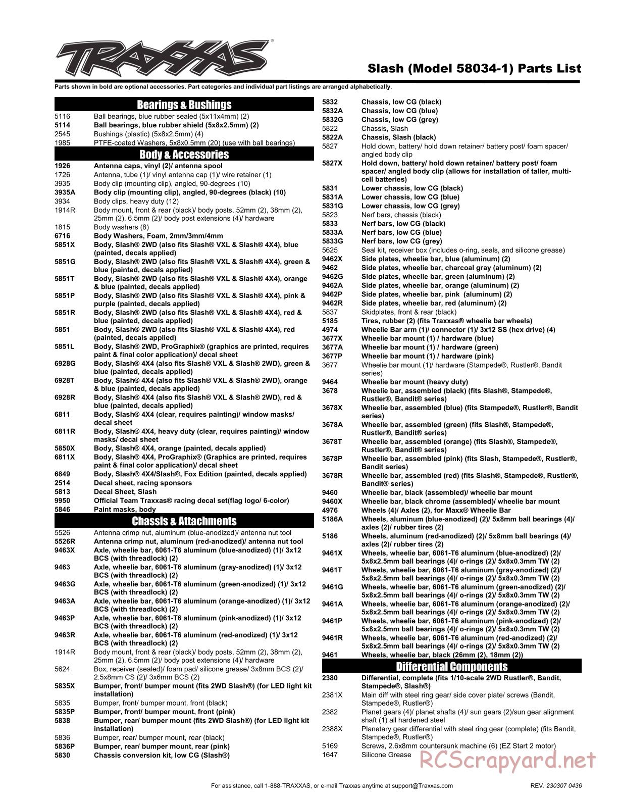 Traxxas - Slash 2WD - Parts List - Page 1