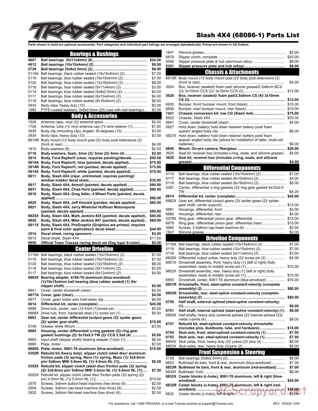 Traxxas - Slash 4x4 (2015) - Parts List - Page 1