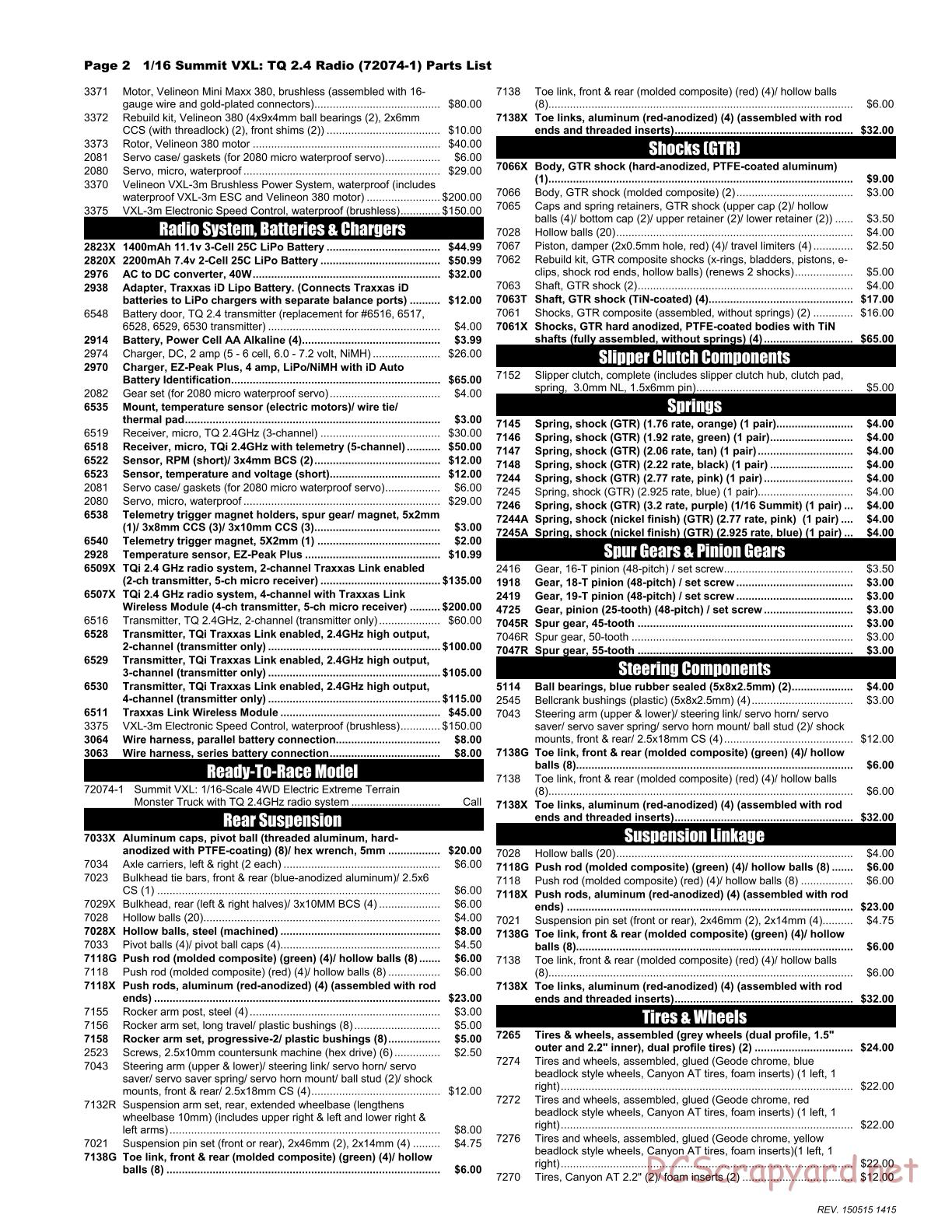 Traxxas - 1/16 Summit VXL (2015) - Parts List - Page 2