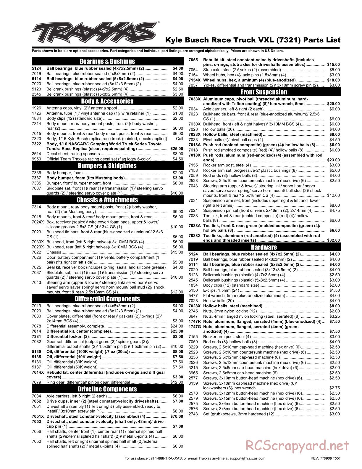 Traxxas - 1/16 Kyle Busch Race Replica (Brushless) (2011) - Parts List - Page 1