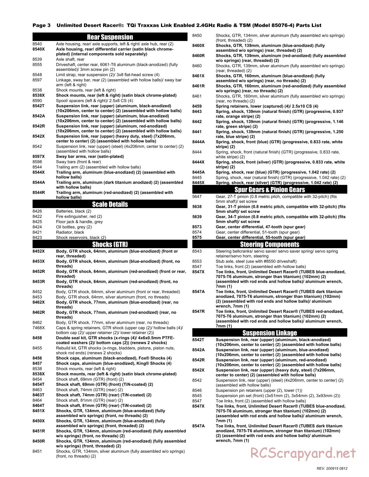 Traxxas - Unlimited Desert Racer VXL TSM (2018) - Parts List - Page 3