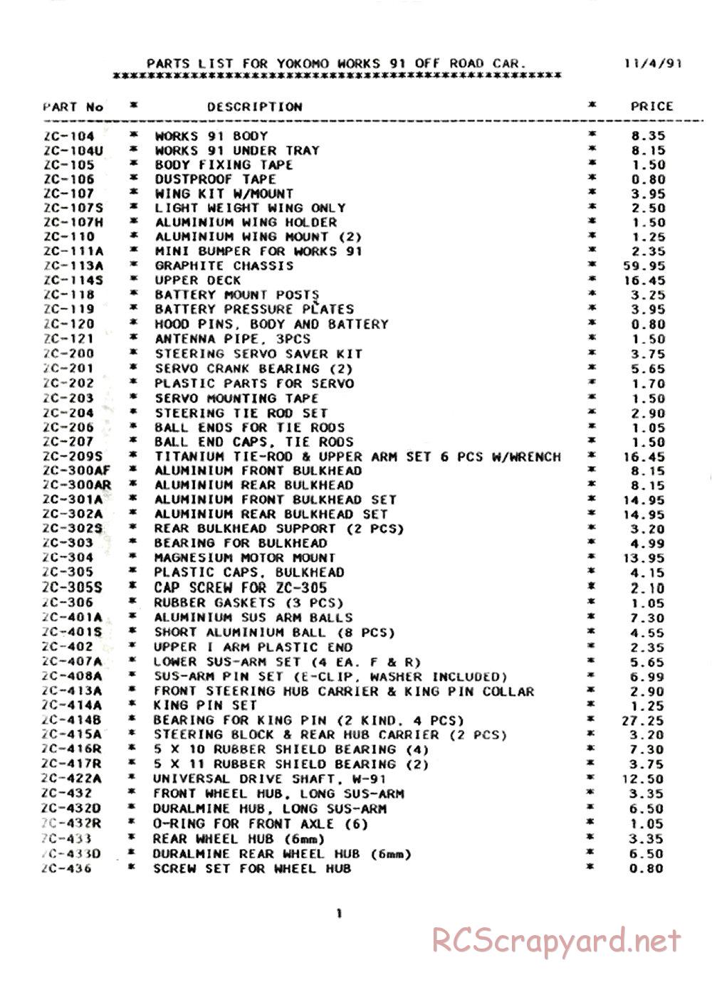 Yokomo - Super Dog Fighter Works 91 - Parts List - Page 1