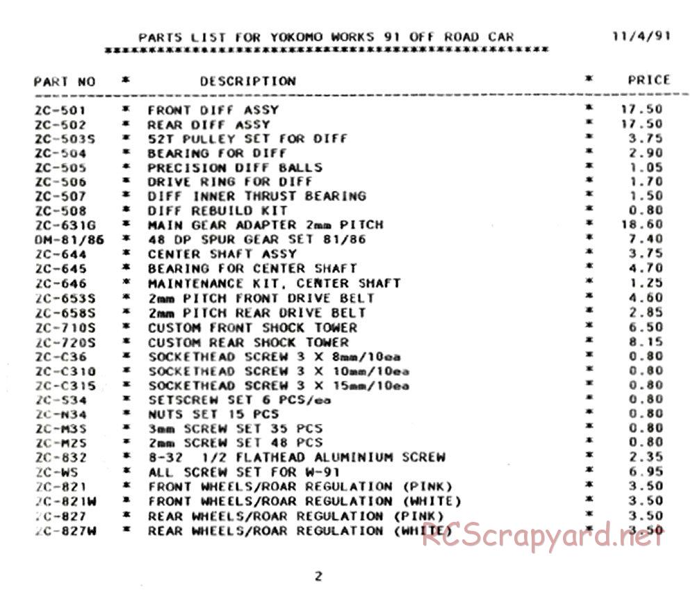 Yokomo - Super Dog Fighter Works 91 - Parts List - Page 2