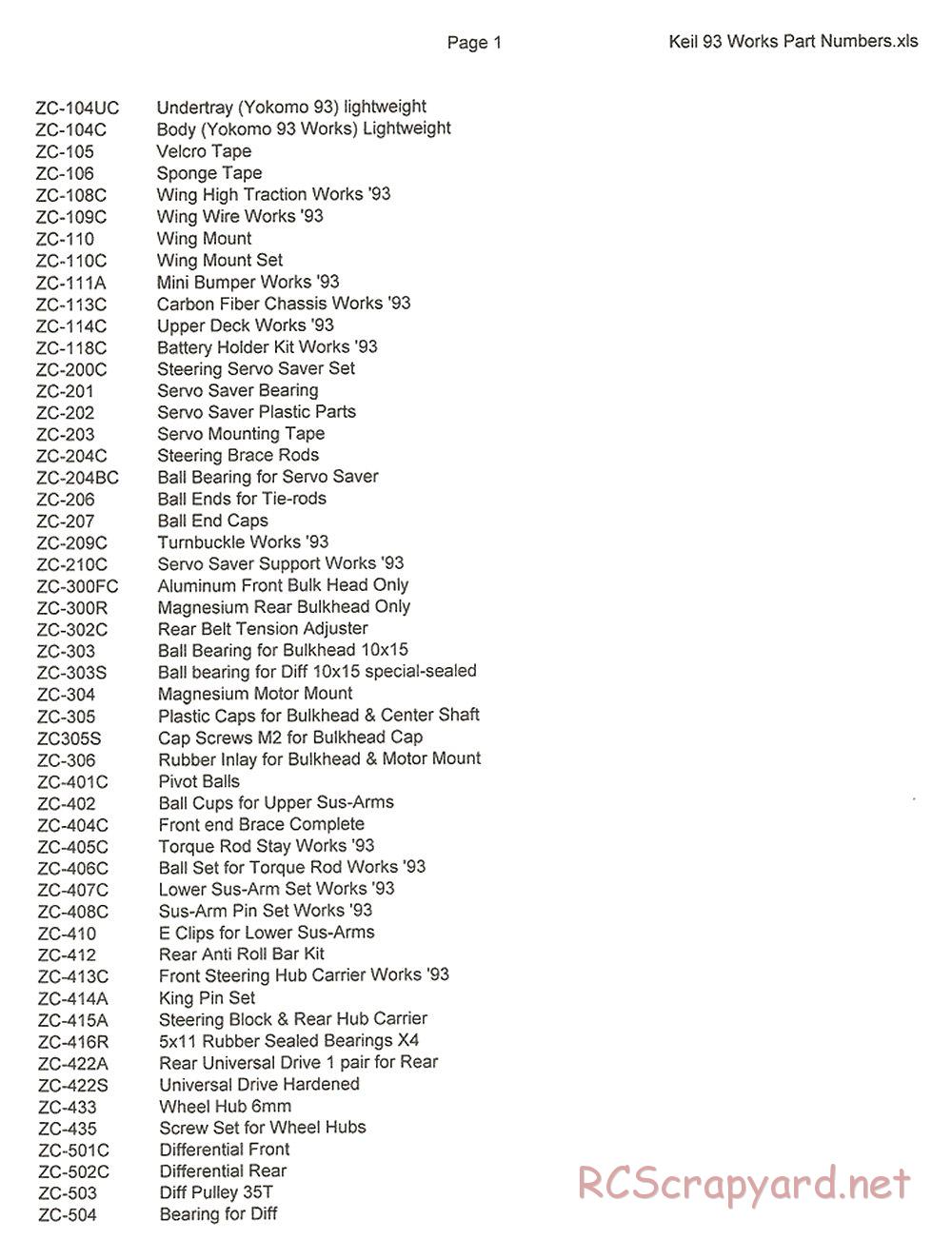 Yokomo - Super Dog Fighter Works 93 - Parts List - Page 1